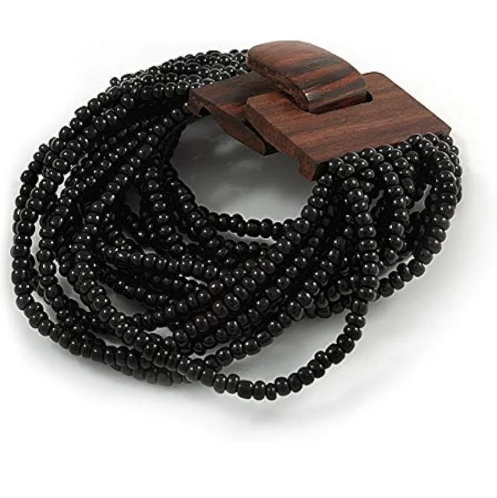 Black Glass Bead Multistrand Flex Bracelet With Wooden Closure